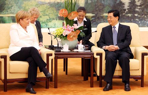 7月16日,中国国家主席胡锦涛在北京人民大会堂会见德国总理默克尔。新华社记者 姚大伟 摄