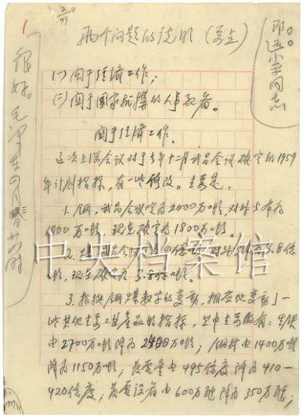 1959年4月3日：邓小平起草的关于经济工作等问题的说明要点（节录）【1】